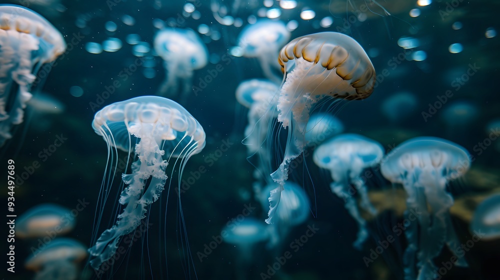 Obraz premium An abstract view of floating jellyfish in deep water lit from below AI generated illustration