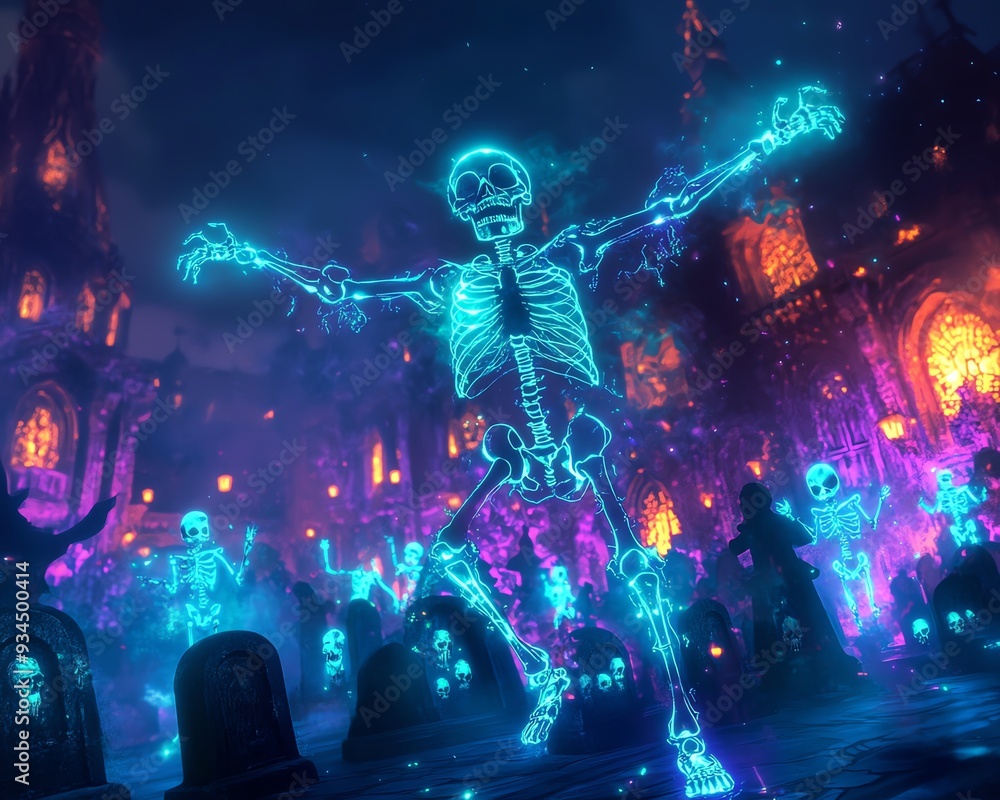 A vibrant, surreal scene of glowing skeletons dancing in a mystical graveyard, illuminated by enchanting colors and spooky ambiance. A vibrant, surreal scene of glowing skeletons dancing in a mystical graveyard, illuminated by enchanting colors and spooky ambiance.