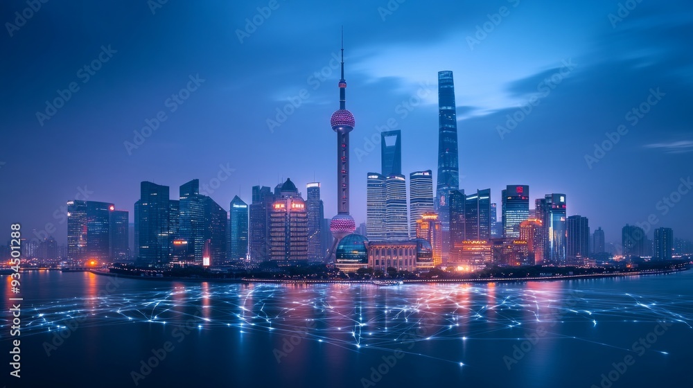 Obraz premium A stunning night view of Shanghai skyline showcases its modern architecture. The vibrant colors reflect on water creating a dynamic atmosphere. Perfect for travel or urban themes. AI