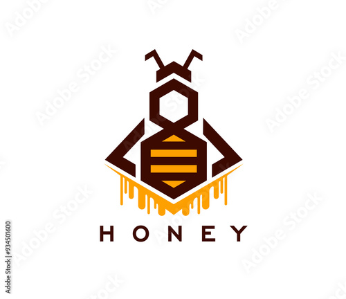Honey bee icon for beekeeping and apiary products, vector emblem. Geometric honeycomb and honeybee icon with honey flow drip drops for beekeeper farm and bee apiary food label and food package tag
