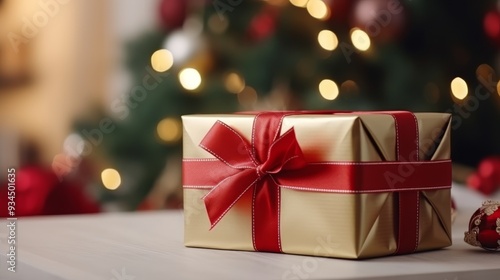 Santa claus with gift box in festive room, christmas tree background holiday joy and greetings