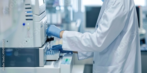 A lab technician in a white coat carefully placing a DNA sample into a sequencing machine