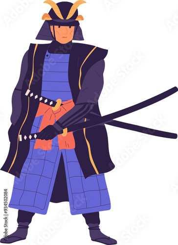 Ancient samurai taking his sword. Armored Japanese warrior standing in tradit...