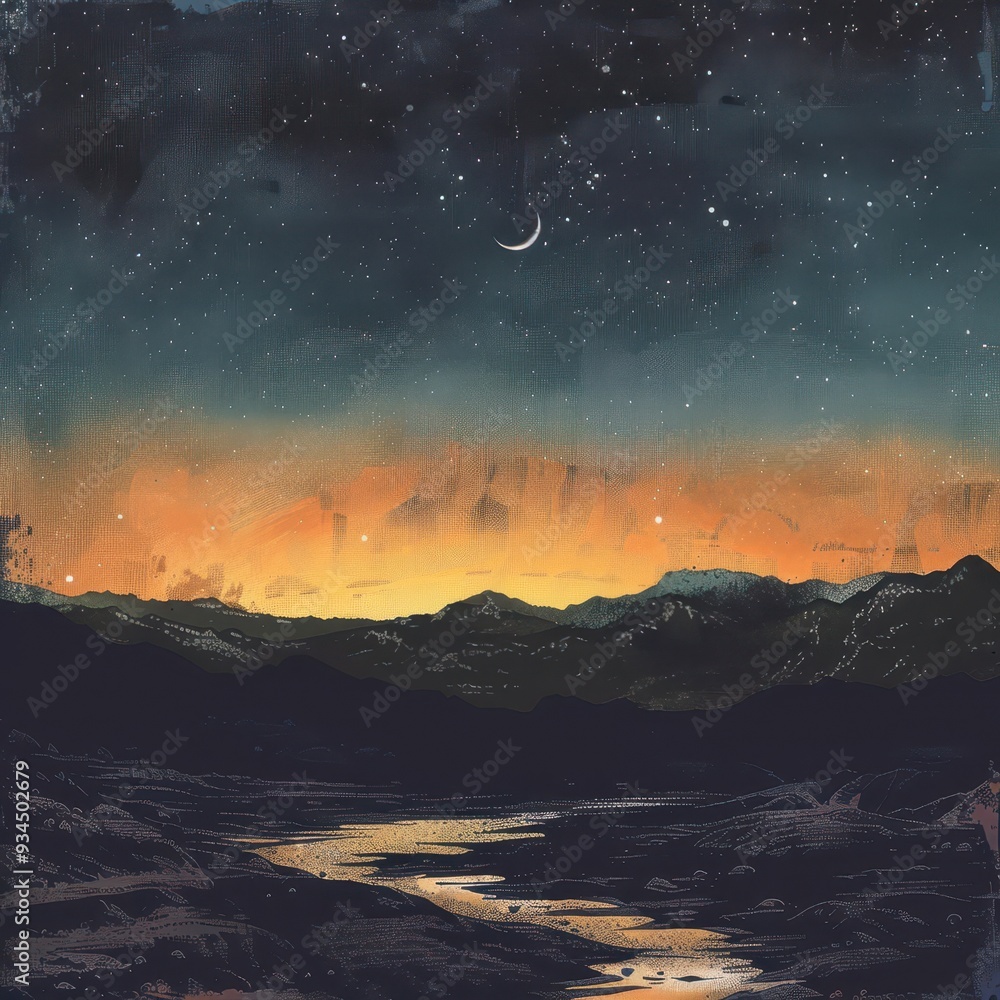 Fototapeta premium A crescent moon and stars illuminate the night sky above a silhouette of distant mountains