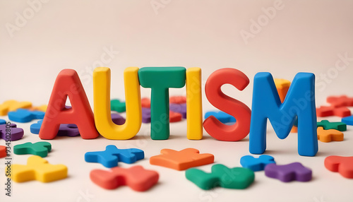 Colorful Plastic Letters spelling Autism Surrounded by Other Elements as Puzzles, Letters and Shapes