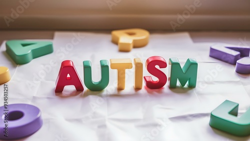 Colorful Plastic Letters spelling Autism Surrounded by Other Elements as Puzzles, Letters and Shapes photo