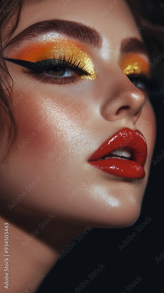 Close-up of a woman's face showcasing vibrant makeup with glittery gold and orange eyeshadow, bold eyeliner, and glossy red lips, highlighting professional makeup artistry and beauty enhancement Close-up of a woman's face showcasing vibrant makeup with glittery gold and orange eyeshadow, bold eyeliner, and glossy red lips, highlighting professional makeup artistry and beauty enhancement