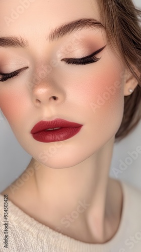 Close-up of a young woman with flawless makeup, featuring bold red lipstick, perfectly winged eyeliner, and soft blush, highlighting professional makeup artist services