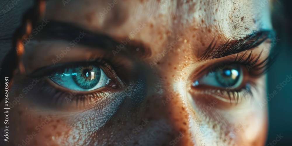 Eyes of a woman radiating emotion while engaged in a physical workout routine that represents resilience, perseverance, assurance, and power. Eyes of a woman radiating emotion while engaged in a physical workout routine that represents resilience, perseverance, assurance, and power.