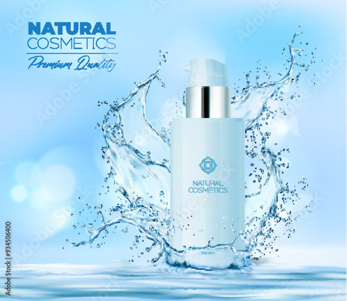 Water cosmetics product bottle in wave splash. Natural cosmetic bottle and dynamic liquid splashes on light blue background. Vector promo for refreshing and hydrating skincare product nourish the skin