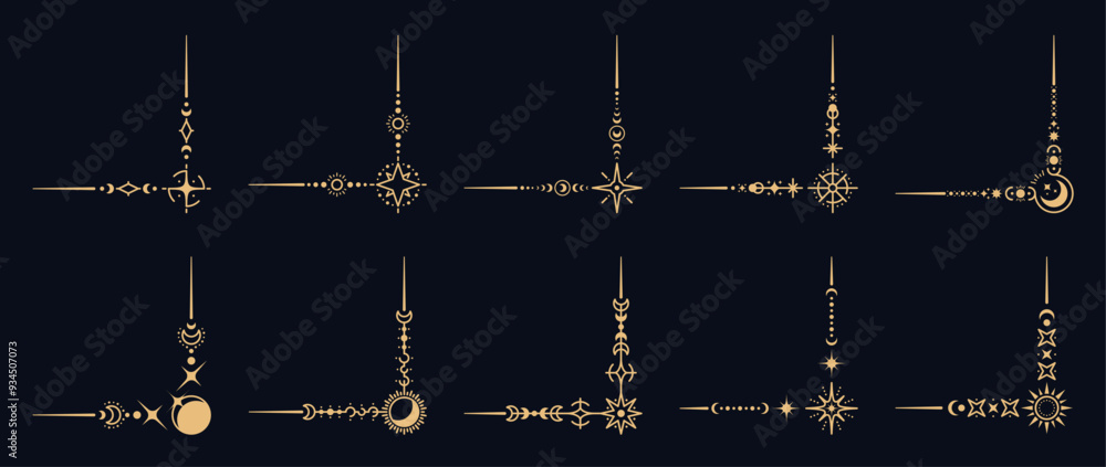 Naklejka premium Magic celestial border corners. Vector set of Boho style frames, elegant space decoration with a unique stellar embellishments. Decorative golden angles with stars, moons, suns and cosmic patterns