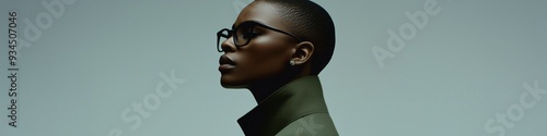 modern fashion portrait black girl green coat glasses gray background photo