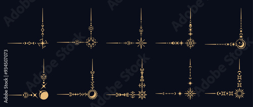 Magic celestial border corners. Vector set of Boho style frames, elegant space decoration with a unique stellar embellishments. Decorative golden angles with stars, moons, suns and cosmic patterns