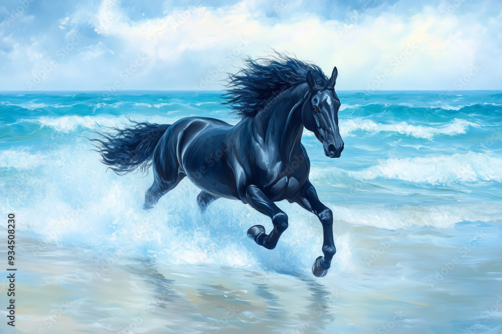 A powerful black horse with flowing mane gallops through the surf along a sunny ocean shore, freedom and strength A powerful black horse with flowing mane gallops through the surf along a sunny ocean shore, freedom and strength