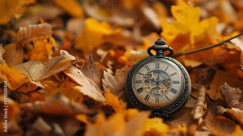 An antique pocket watch lying forgotten amidst a backdrop of fallen autumn leaves AI generated illustration