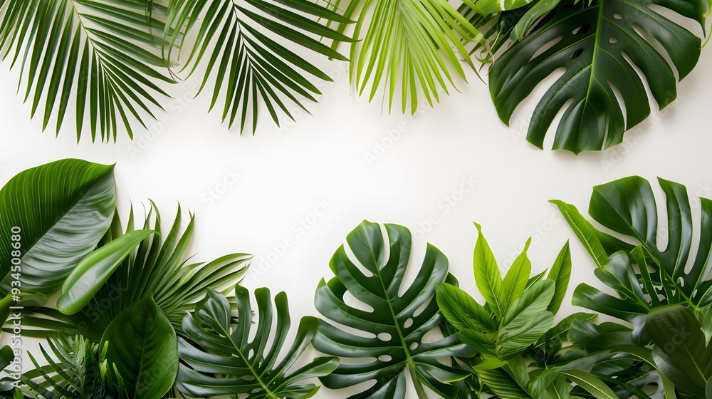 An arrangement of tropical foliage featuring shiny green leaves on a pristine white background AI generated illustration An arrangement of tropical foliage featuring shiny green leaves on a pristine white background AI generated illustration