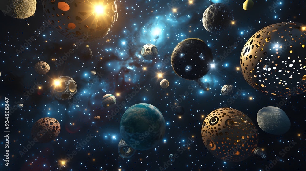 An array of floating 3D objects in a starry sky AI generated illustration An array of floating 3D objects in a starry sky AI generated illustration