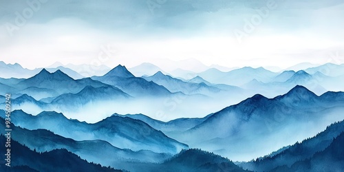 Earthy watercolor mountain range, 8K, with gradient sky, tranquil and majestic view