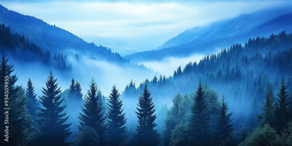 Obraz premium Beautiful blue mountain landscape with fog and forest, Beautiful dark blue mountain landscape with fog and forest, Beautiful dark blue mountain landscape with fog and forest 