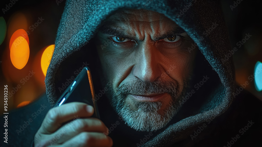 male scammer in hoodie talking on phone on dark background, man, criminal, thief, bandit, killer, fraud, deception, scam, eyes, face, angry, cunning, evil, smirk, portrait, emotion, person, people male scammer in hoodie talking on phone on dark background, man, criminal, thief, bandit, killer, fraud, deception, scam, eyes, face, angry, cunning, evil, smirk, portrait, emotion, person, people