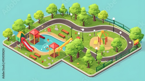 An isometric view of a 3D style illustration of a park AI generated illustration