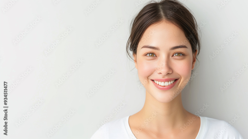 A lovely young Japanese woman with smooth, healthy skin, softly smiling while dressed in a casual white top against a light background. A lovely young Japanese woman with smooth, healthy skin, softly smiling while dressed in a casual white top against a light background.