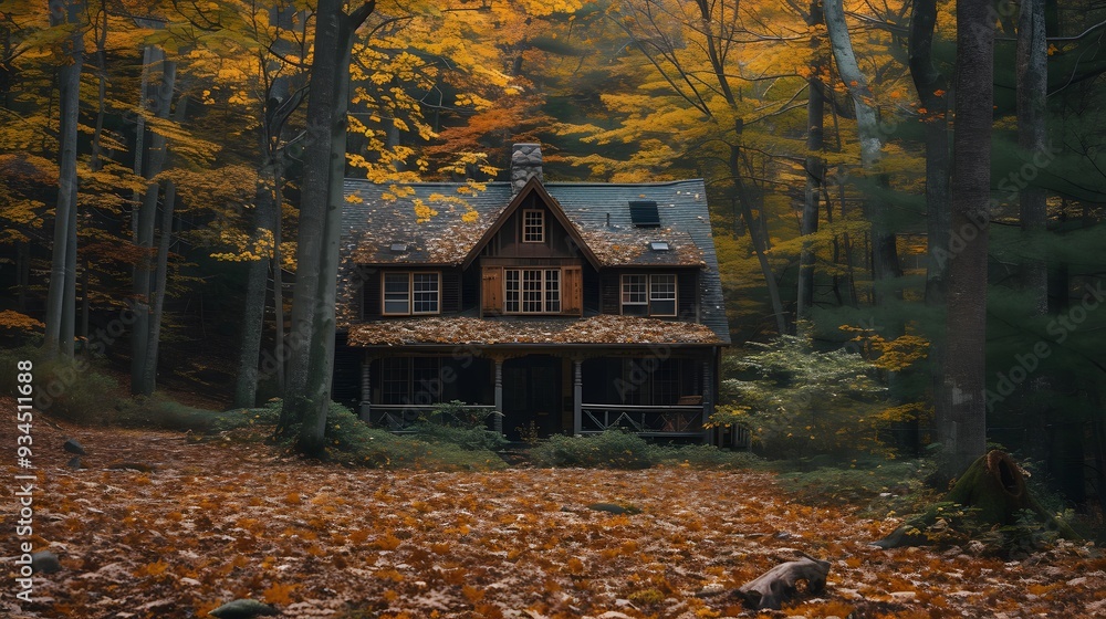 Ancestral family home nestled in an autumn forest AI generated illustration Ancestral family home nestled in an autumn forest AI generated illustration