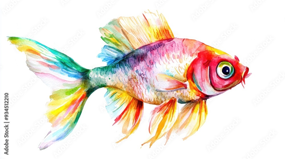 Fototapeta premium Watercolor illustration of a decorative fish in vibrant red yellow pink green and blue shades on a white background