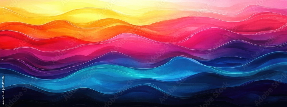 Fototapeta premium Watercolor illustration featuring a dark rainbow wavy gradient mesh Colorful neon office backdrop with bright horizontal lines Vibrant and smooth surface illustration depicting natural ocean waves