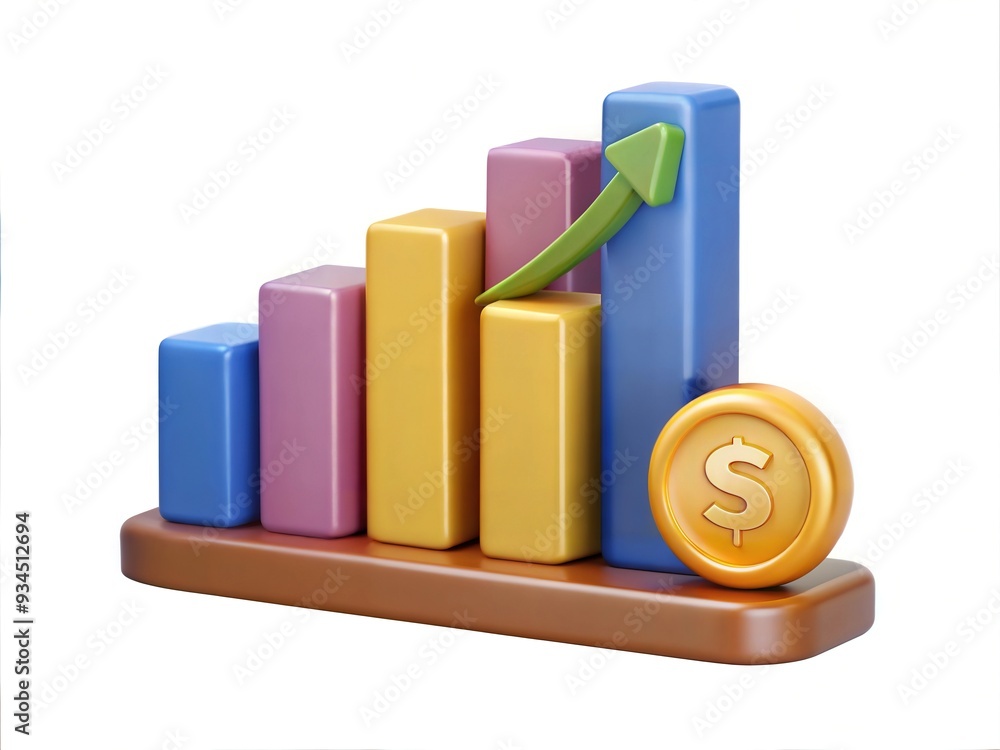 Graph of growth of money income and wealth. Graph with coins. Graph of growth of money income and wealth. Graph with coins.