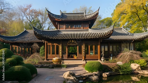 Asian-style house with ornate sculptural roof  AI generated illustration