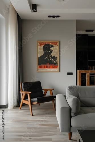 Austere modern room blessed with the presence of a minimalistically cinematic poster in a wooden frame  AI generated illustration photo