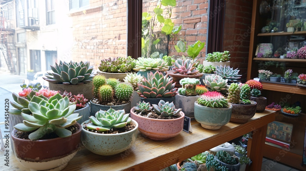 A cozy cafe corner features a beautifully arranged collection of cactus and succulents in a variety of stylish pots. The plants are placed on a wooden shelf and a nearby table, with soft light A cozy cafe corner features a beautifully arranged collection of cactus and succulents in a variety of stylish pots. The plants are placed on a wooden shelf and a nearby table, with soft light