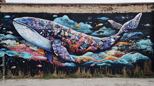 Colorful Whale Mural on Brick Wall with Fish and Clouds