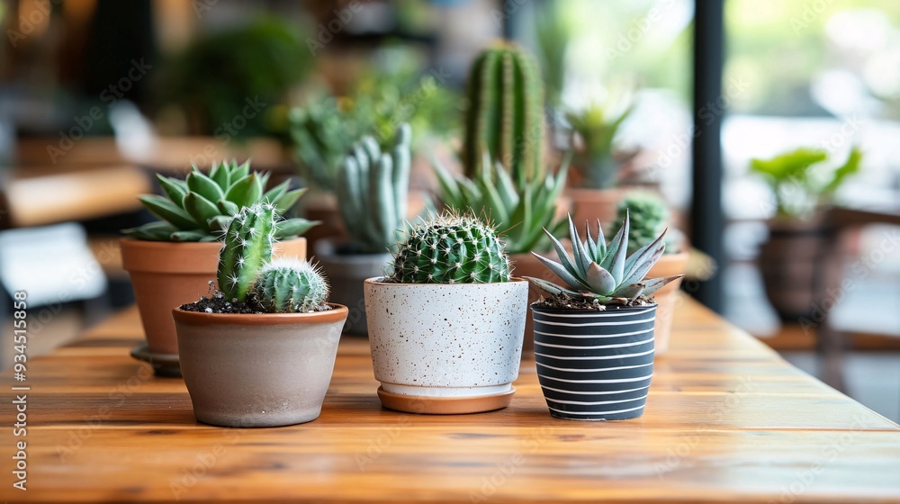 A modern cafe with a focus on a large wooden table adorned with a variety of cactus and succulents in unique, handmade pots. The plants add a touch of nature to the sleek, contemporary design, which A modern cafe with a focus on a large wooden table adorned with a variety of cactus and succulents in unique, handmade pots. The plants add a touch of nature to the sleek, contemporary design, which