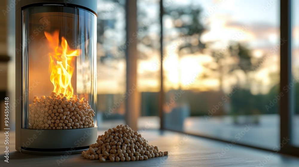 Cozy interior scene featuring a sleek biomass fireplace with a large ...