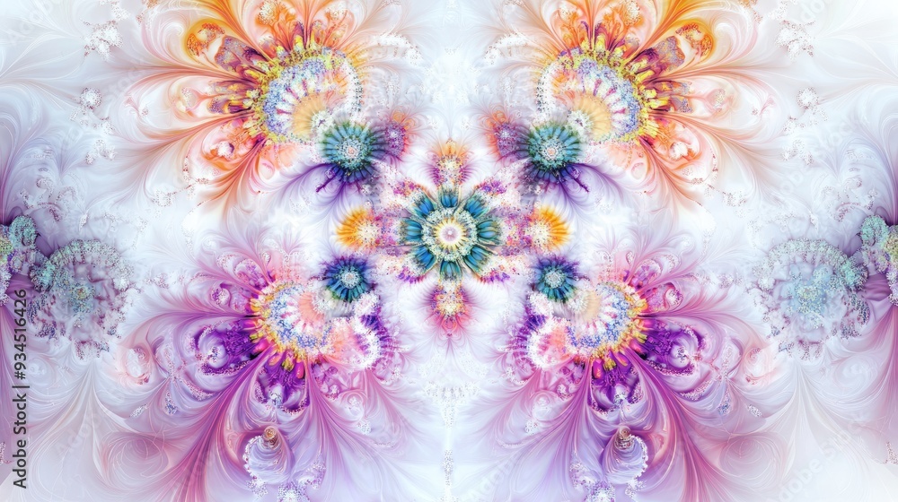 Abstract art of symmetrical fractal flowers in vivid hues, with stunning intricate details on a pure white background Abstract art of symmetrical fractal flowers in vivid hues, with stunning intricate details on a pure white background