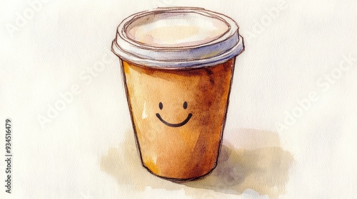 Watercolor illustration of a disposable coffee cup with a friendly morning greeting photo