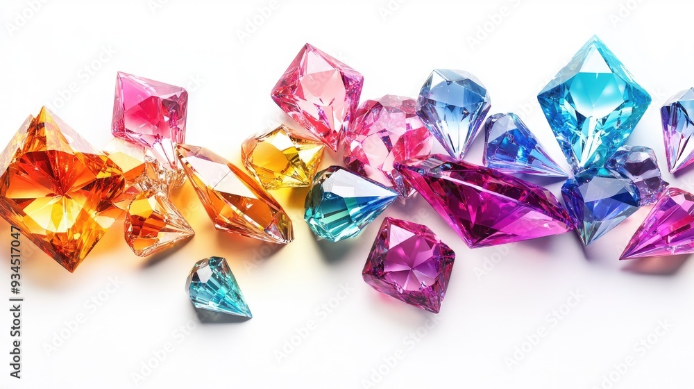 Abstract jewelry-inspired composition with overlapping colorful transparent gemstones, set on a clean white background Abstract jewelry-inspired composition with overlapping colorful transparent gemstones, set on a clean white background