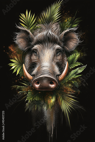  Double exposure Realistic Warthog with jungle foliage