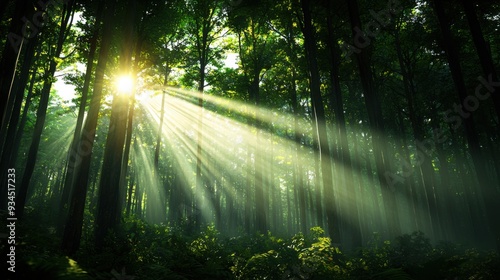 Fototapeta Naklejka Na Ścianę i Meble -  A serene forest scene with morning sunlight gently piercing through a dense canopy, creating a soft and warm glow on the forest floor and illuminating misty air between tall, ancient trees