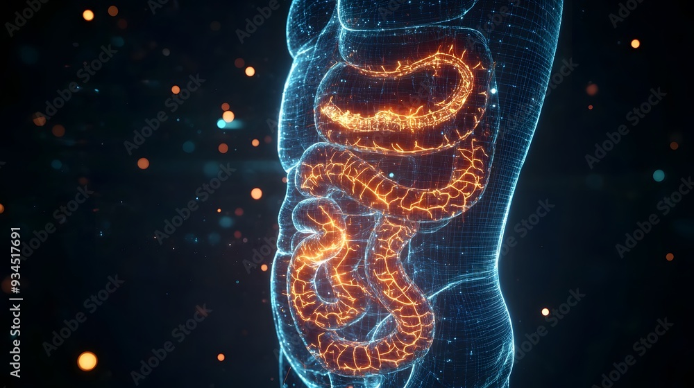 A holographic display of the human digestive system, showcasing the transparent layers of the stomach, intestines, and related organs, with glowing lines highlighting the digestive tract A holographic display of the human digestive system, showcasing the transparent layers of the stomach, intestines, and related organs, with glowing lines highlighting the digestive tract