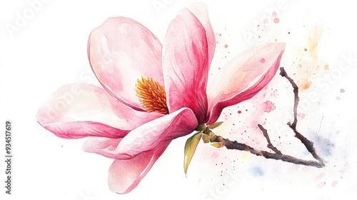 Watercolor illustration of a blooming pink magnolia flower