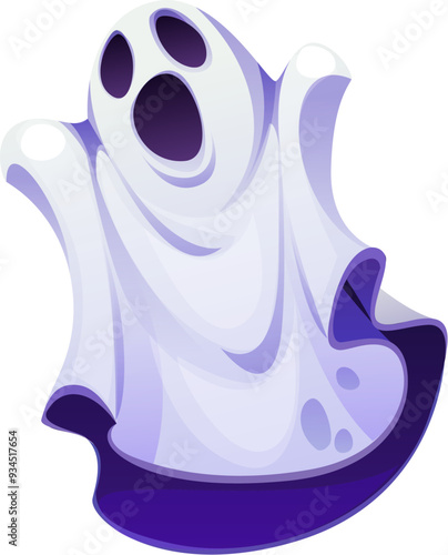 Cartoon Halloween ghost character, scary spooky personage, horror evil monster with a wide-open mouth, expressing fear or surprise. Vector phantom exudes white with a purple chilling glow, saying boo