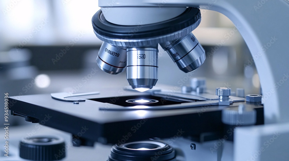 A close-up of a microscope focusing on a slide with a biological sample, with the magnified image displayed on a connected digital monitor. The microscope is set against a clean, white background A close-up of a microscope focusing on a slide with a biological sample, with the magnified image displayed on a connected digital monitor. The microscope is set against a clean, white background