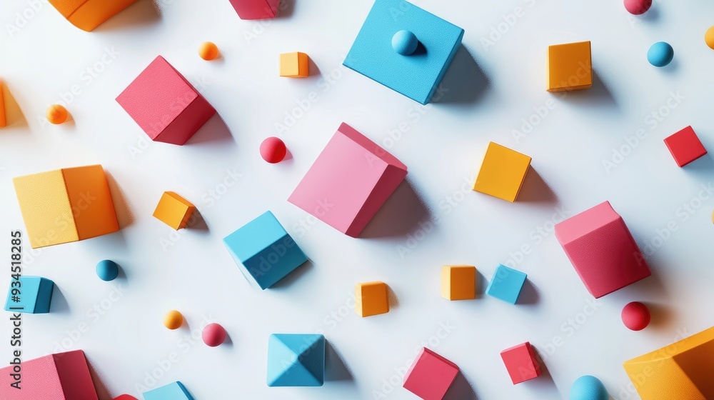 Bold and colorful 3D geometric shapes arranged in an abstract pattern, floating over a white background Bold and colorful 3D geometric shapes arranged in an abstract pattern, floating over a white background