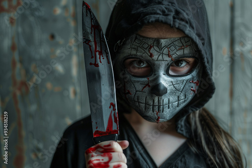 Halloween Smasher Girl in Spine-Chilling Killer Costume With Knife and Mask for a Truly Terrifying Halloween Night photo