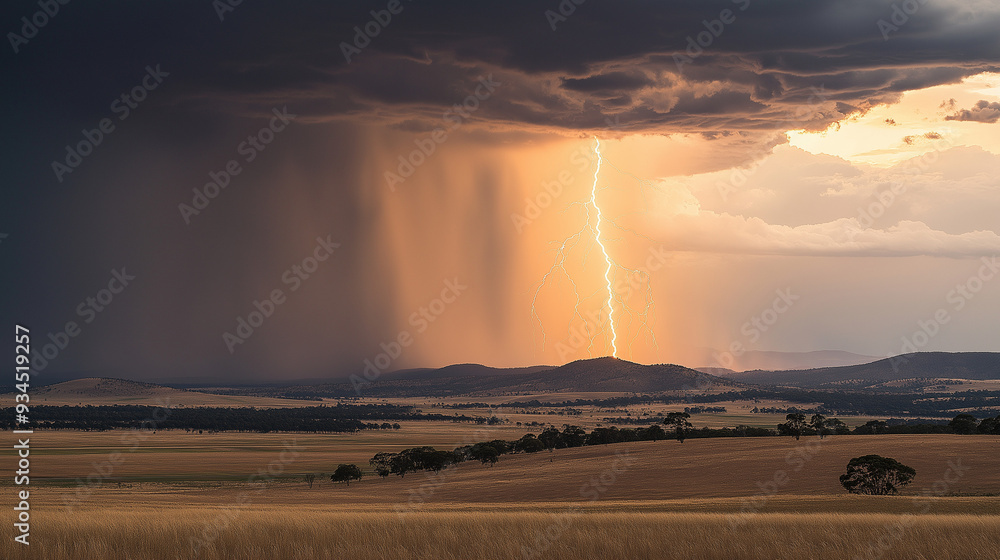 Fototapeta premium Dramatic sunset over a vast ocean, with stormy clouds casting long shadows on the sandy beach