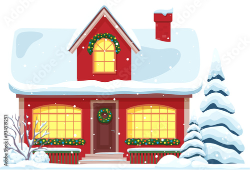 Christmas winter house facade exterior. Vector home with twinkling lights, exudes warmth, featuring frosted windows, snow-covered roof, and festive wreath, inviting holiday cheer into its cozy embrace