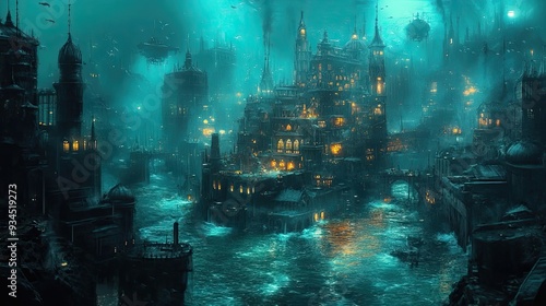 A City Submerged in a Glowing, Turquoise Sea